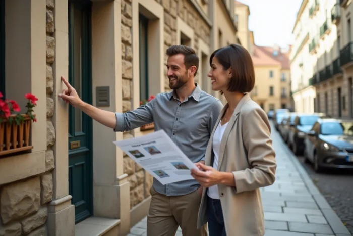 Couple visitant un immeuble résidentiel pour un investissement immobilier en milieu urbain