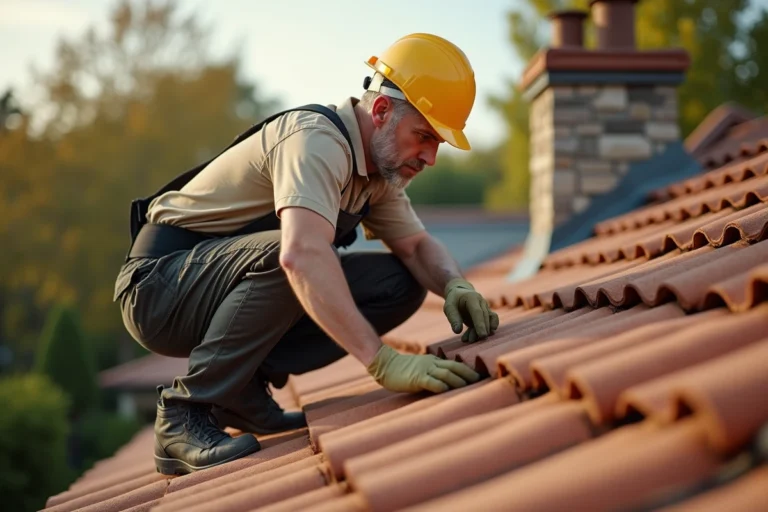Couvreur inspectant des tuiles en terre cuite sur une toiture de maison pour évaluer leur résistance à la chaleur