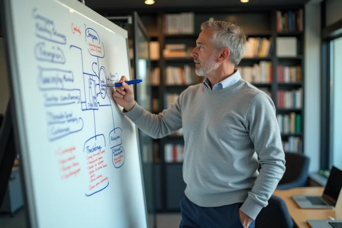Chef d'entreprise présentant les étapes clés de la création d'entreprise sur un tableau blanc