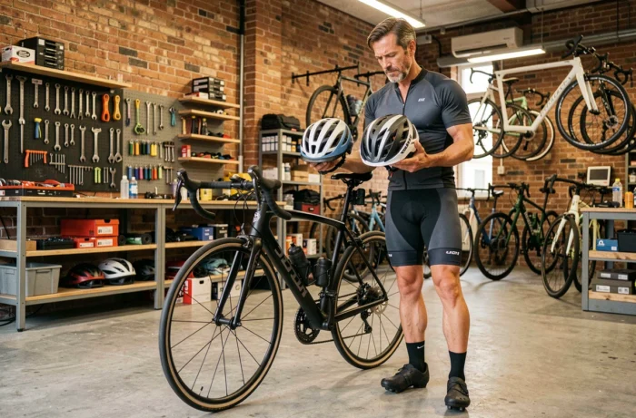Cycliste masculin comparant deux casques de vélo dans un atelier de vélo professionnel en milieu urbain