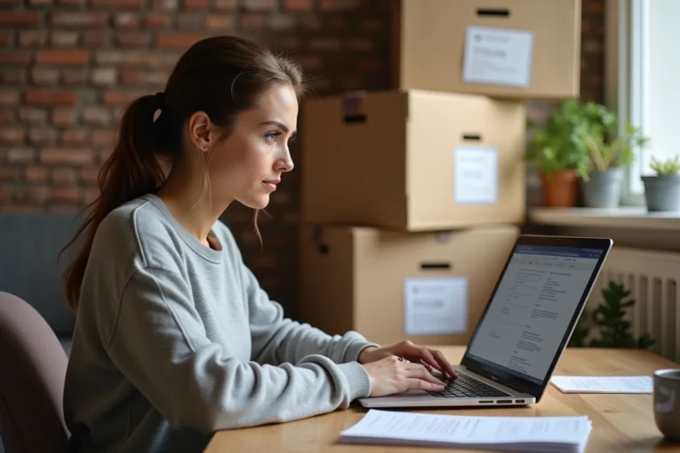 Femme utilisant un ordinateur portable pour effectuer ses démarches de déménagement en ligne depuis son appartement avec des cartons autour