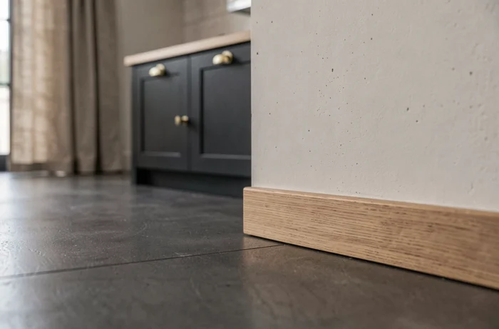 Détail de plinthe en chêne naturel avec sol en béton ciré anthracite dans une cuisine contemporaine