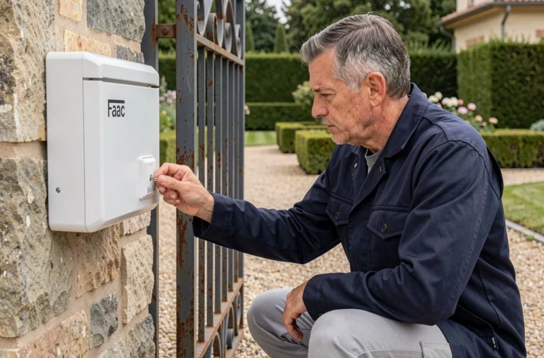 Technicien déverrouillant manuellement un portail électrique Faac avec une clé de déblocage insérée dans le boîtier de commande