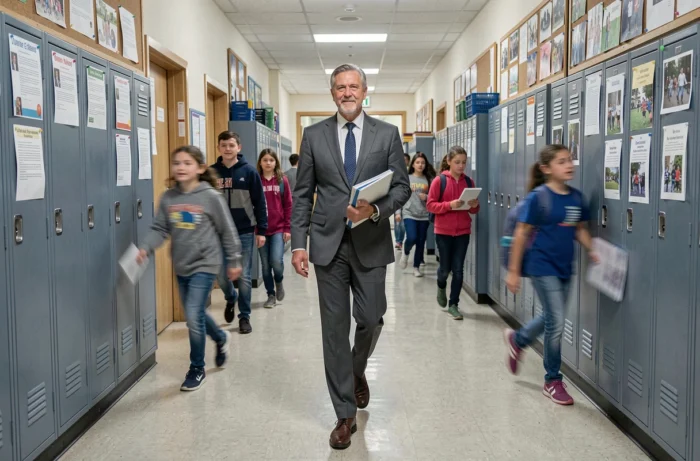 Directeur d'école traversant un couloir animé lors d'une transition entre les cours dans un lycée français