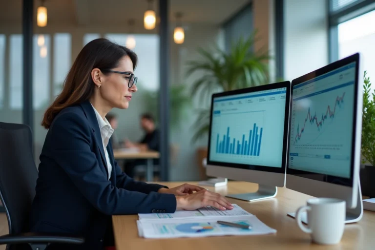 Directrice d'entreprise de négoce analysant un logiciel ERP sur deux écrans dans un bureau moderne