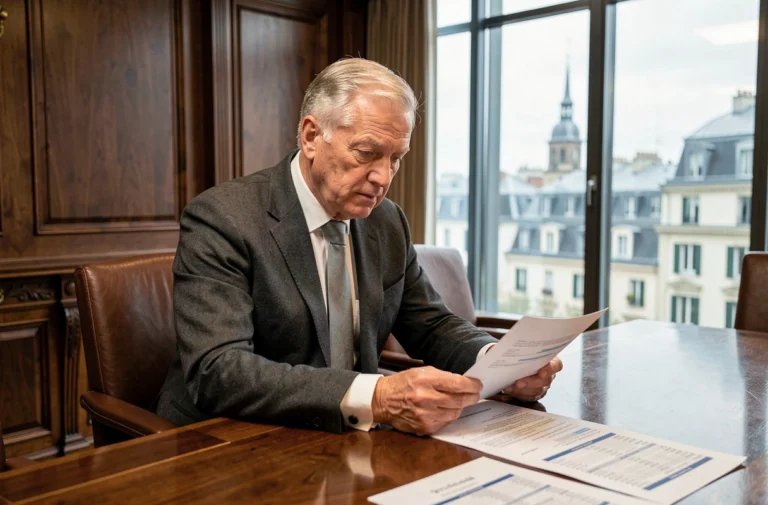 Dirigeant exécutif senior en costume sombre examinant des documents financiers dans une salle de conseil d'administration d'une grande compagnie d'assurance européenne
