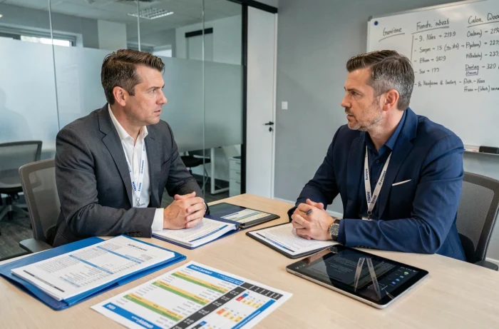 Dirigeants de l'ASM Clermont en réunion de transfert, discutant du mercato rugby 2024 autour d'une table de conférence avec dossiers et tablettes