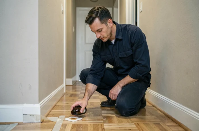 Homme appliquant un produit dissolvant sur des résidus de scotch sur une plinthe en PVC blanc dans un couloir résidentiel