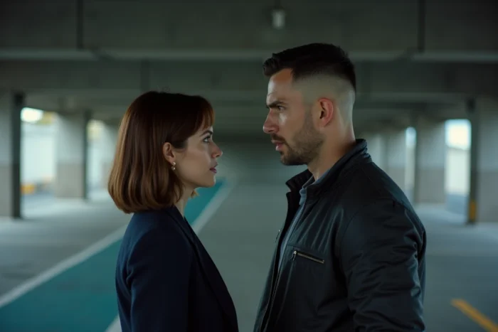 Femme et homme face à face dans un parking souterrain, regard intense et confrontation silencieuse, duo emblématique évoquant Beth et Rio dans la série Good Girls