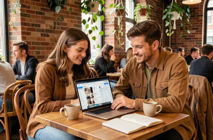 Deux jeunes adultes planifiant une stratégie de contenu Instagram pour gagner des abonnés rapidement et gratuitement