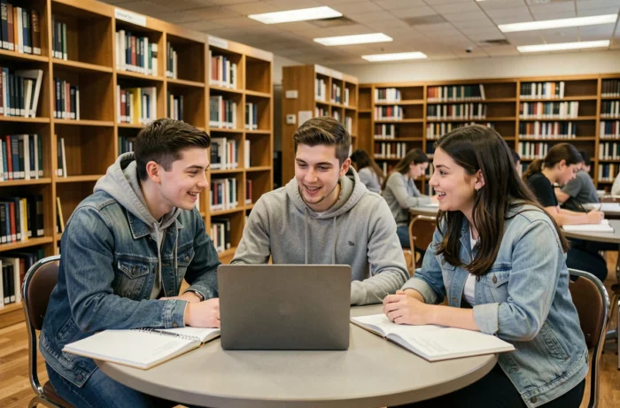 Groupe d'élèves lycéens travaillant ensemble autour d'un ordinateur portable dans une bibliothèque scolaire