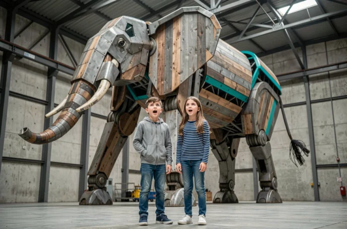 Deux enfants émerveillés devant l'éléphant géant des Machines de l'île à Nantes