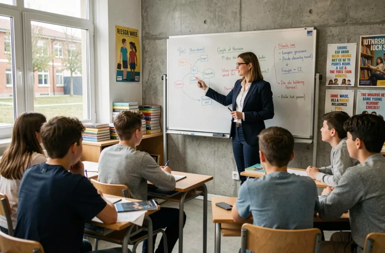 Enseignante expliquant une leçon à des élèves adolescents dans une salle de classe moderne en France