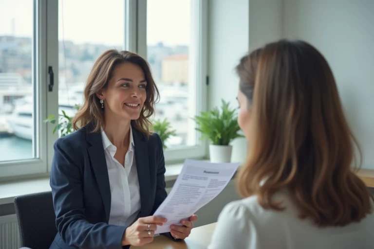 Femme en entretien d'embauche dans un bureau moderne à Marseille avec vue sur le Vieux-Port