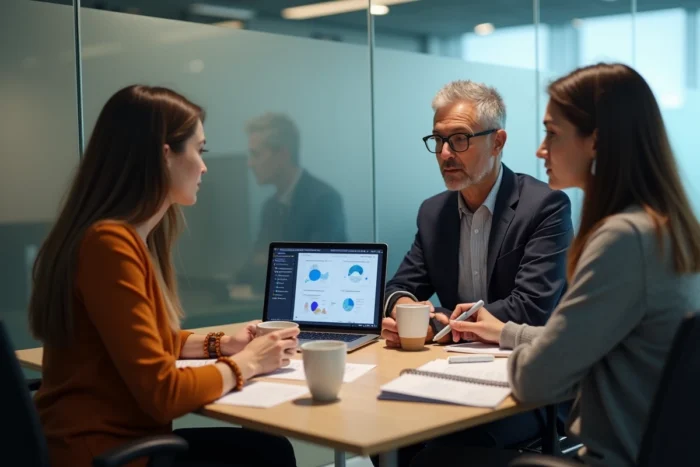 Équipe professionnelle collaborant pour préparer une présentation autour d'une table dans une salle de réunion vitrée