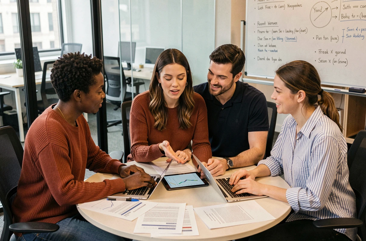 Équipe de professionnels en réunion de collaboration autour d'une table, illustrant les facteurs clés de la productivité collective au travail