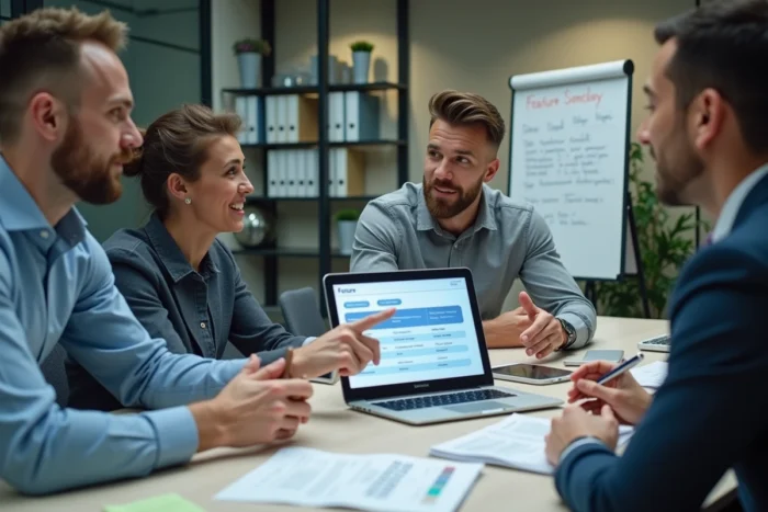 Équipe de professionnels comparant des logiciels ERP lors d'une réunion de décision en entreprise
