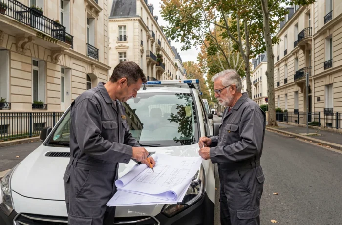 Deux plombiers examinant des plans devant un immeuble résidentiel à Courbevoie avant une intervention