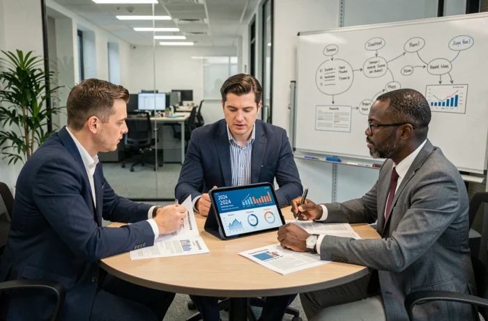 Équipe de professionnels bancaires analysant les tendances du secteur financier en salle de réunion en 2024