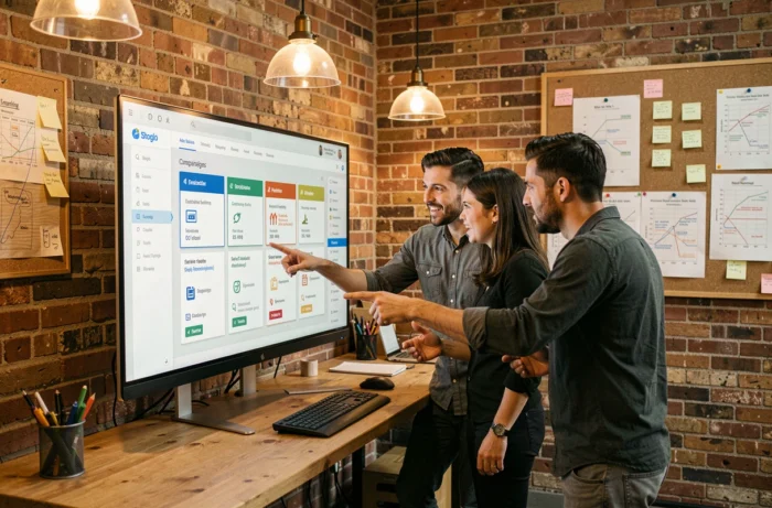 Équipe de startup discutant des meilleures alternatives logicielles de gestion collaborative devant un écran en 2026