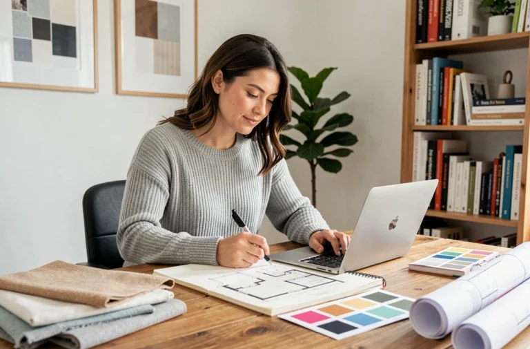 Étudiante en architecture d'intérieur à distance travaillant sur ses cours en ligne depuis son bureau à domicile avec plans et nuanciers