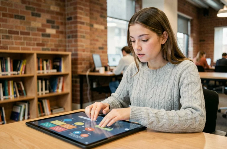 Étudiante utilisant une tablette tactile avec un logiciel éducatif numérique dans un espace collaboratif universitaire moderne