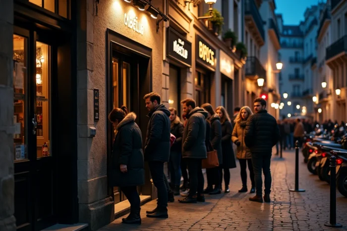 Façade extérieure d'une boîte de nuit tendance dans le centre historique de Rennes avec une file d'attente