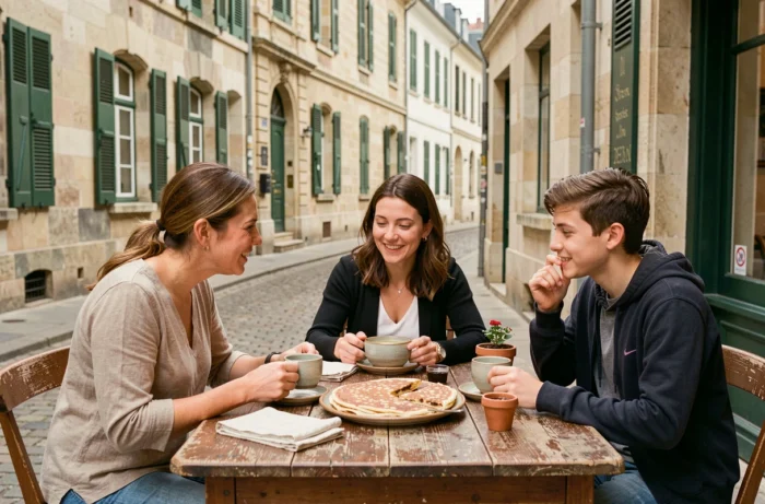 Mère et adolescents dégustant des galettes bretonnes en terrasse dans une crêperie de Nantes
