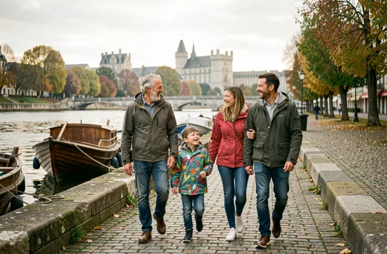 Famille se promenant sur les quais de la Loire à Nantes en automne avec vue sur le château