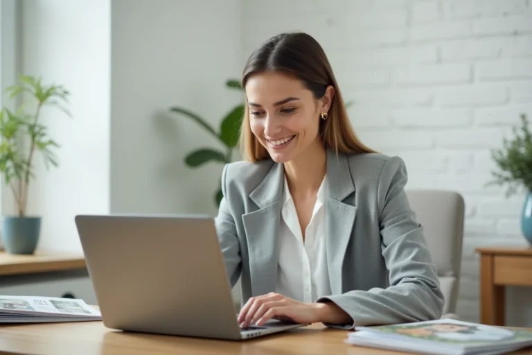 Femme consultant un site immobilier en ligne sur un ordinateur portable dans un bureau à domicile moderne