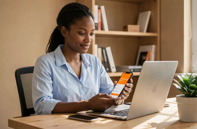 Jeune femme africaine travaillant à domicile sur ordinateur avec Orange Money sur smartphone pour générer des revenus en ligne