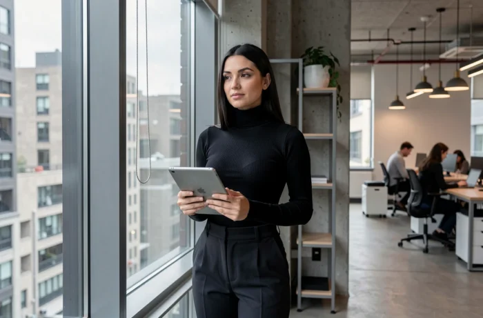 Femme ambitieuse et professionnelle dans un espace de co-working moderne tenant une tablette numérique