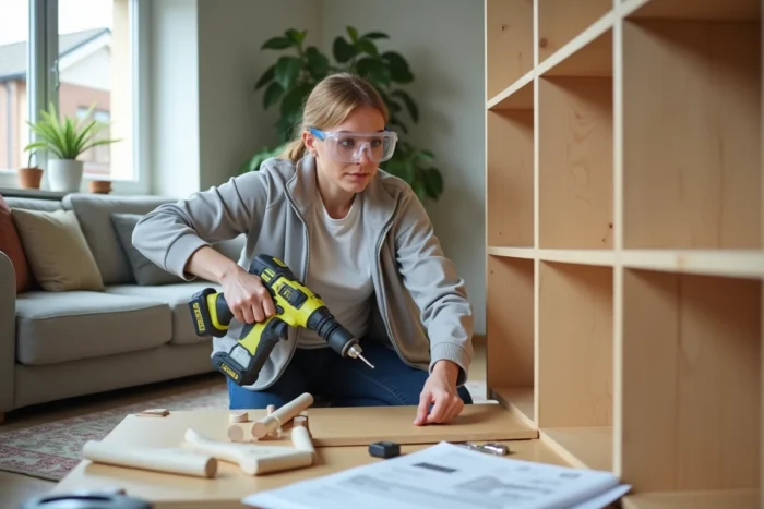 Femme utilisant une perceuse sans fil pour assembler des étagères en bois dans un salon moderne