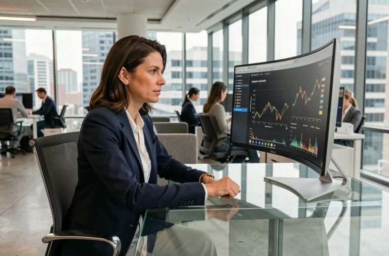Femme cadre bancaire analysant des tendances financières sur un écran incurvé dans un bureau moderne en 2024
