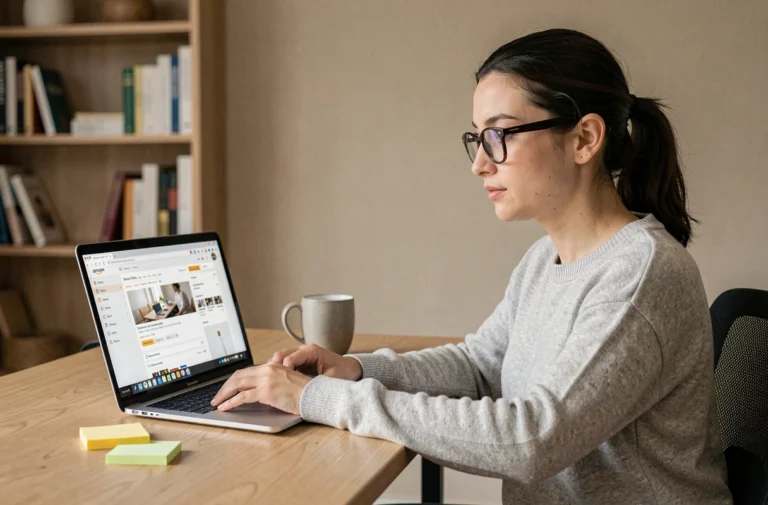 Femme consultant son panier Amazon sur un ordinateur portable dans un bureau à domicile minimaliste