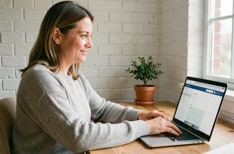 Femme accédant à son espace personnel en ligne sur un ordinateur portable depuis son bureau à domicile