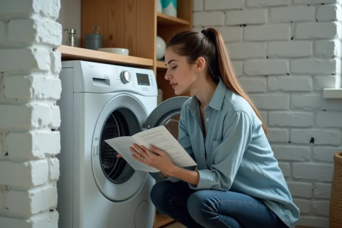 Femme consultant la notice d'utilisation d'un lave-linge Whirlpool devant le hublot ouvert