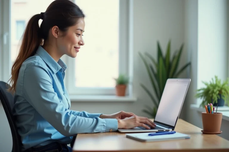 Femme consultant ses offres d'emploi sur ordinateur portable à son bureau à domicile