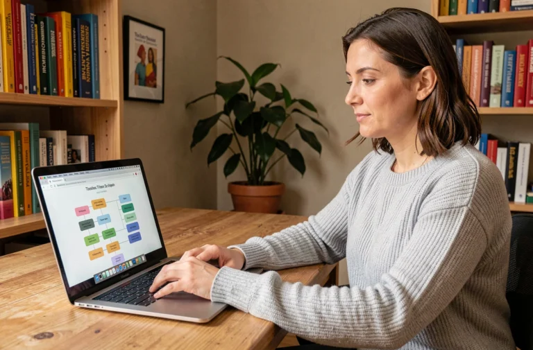 Femme consultant le plan du site Home Educ sur un ordinateur portable dans un bureau à domicile organisé