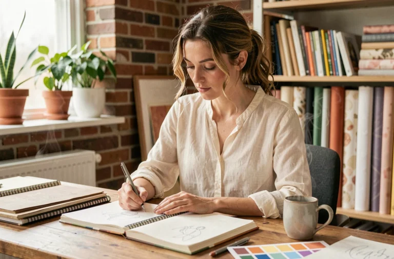 Femme créative et ambitieuse travaillant dans son studio artistique entouré de carnets de croquis et d'outils de création