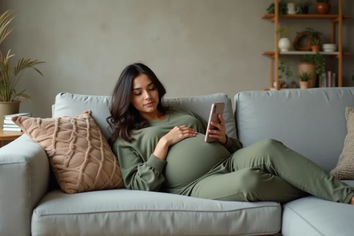 Femme enceinte utilisant une application mobile pour suivre sa grossesse et calculer sa date d'accouchement