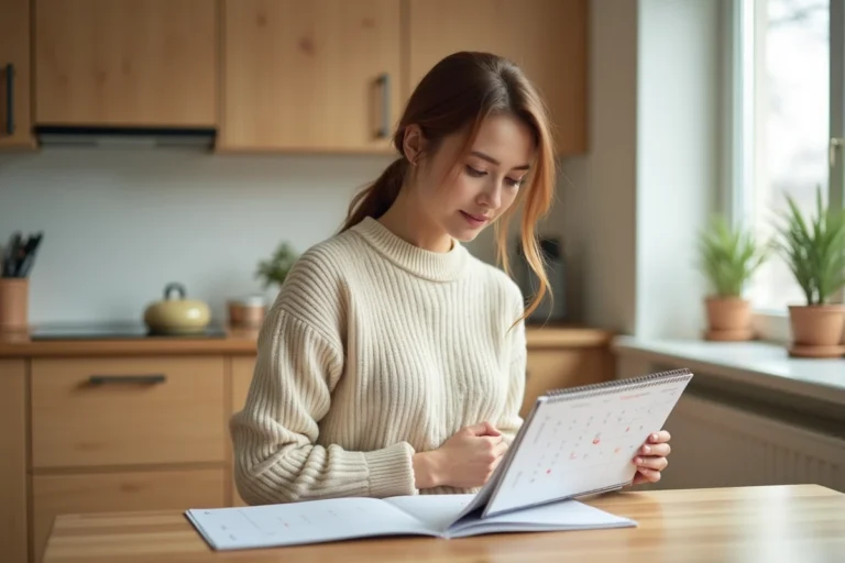 Femme enceinte calculant sa grossesse avec un calendrier posé sur une table en bois dans une cuisine lumineuse
