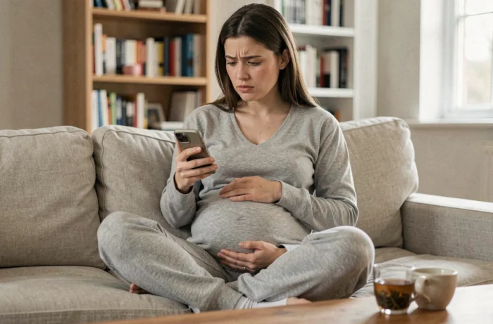 Femme enceinte chez elle sur son canapé, consultant son téléphone avec une expression préoccupée, une main posée sur son ventre