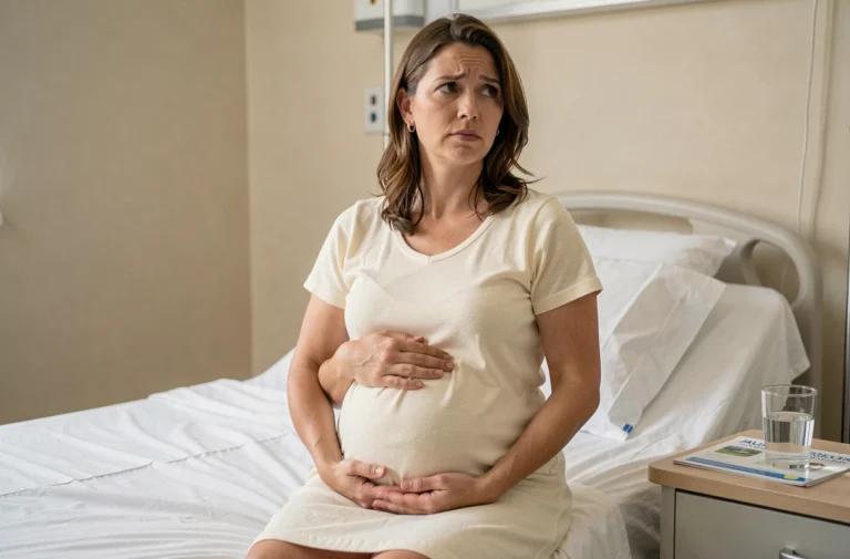 Femme enceinte assise sur un lit d'hôpital dans une maternité, les mains posées sur son ventre, expression sereine et attentive
