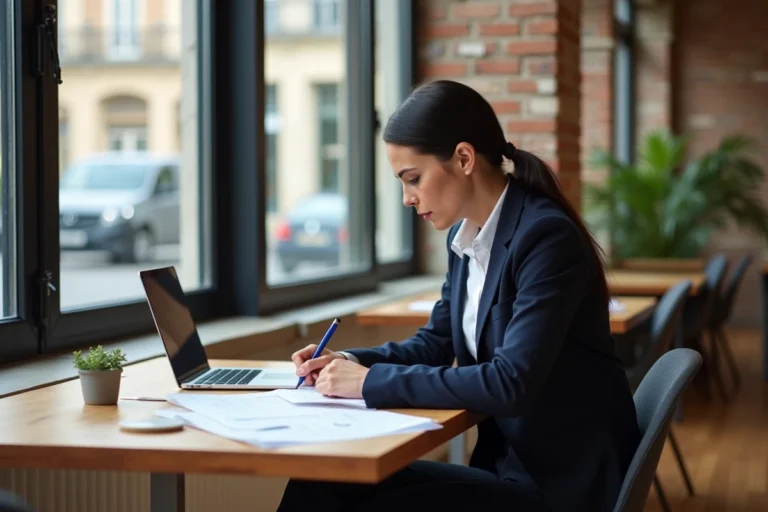 Femme entrepreneur travaillant sur son business plan dans un espace de coworking parisien