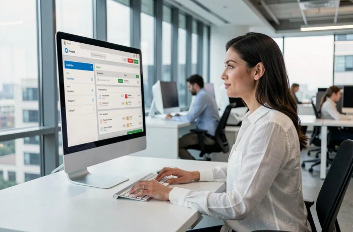 Femme consultant son espace client en ligne sur un grand écran dans un bureau moderne