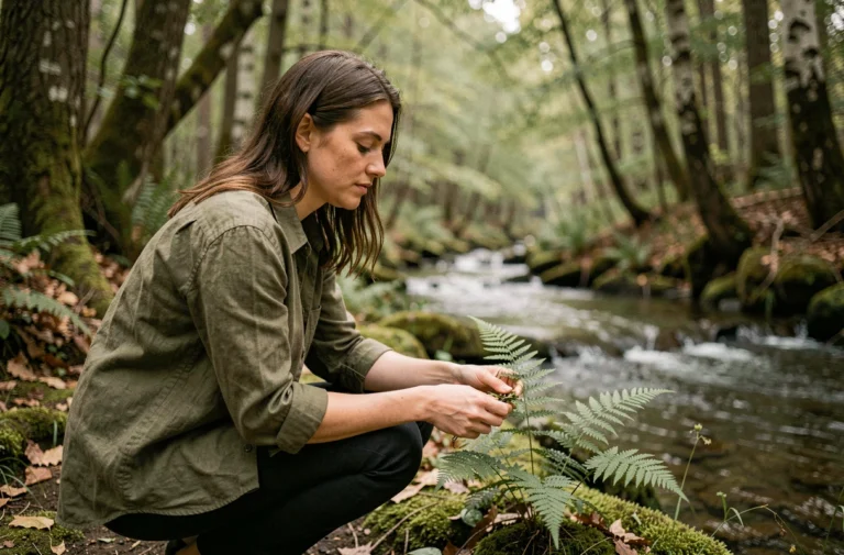 Femme explorant la nature en forêt au bord d'un ruisseau, actualités monde naturel Zaturelle