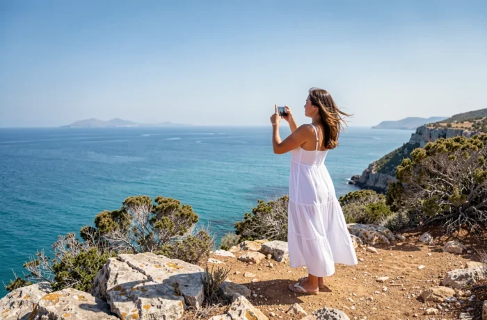 Femme photographiant un paysage côtier méditerranéen depuis une falaise en robe blanche