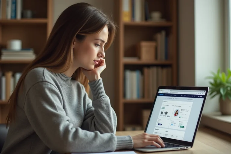 Femme consultant l'historique de ses commandes Amazon sur un ordinateur portable dans un bureau à domicile
