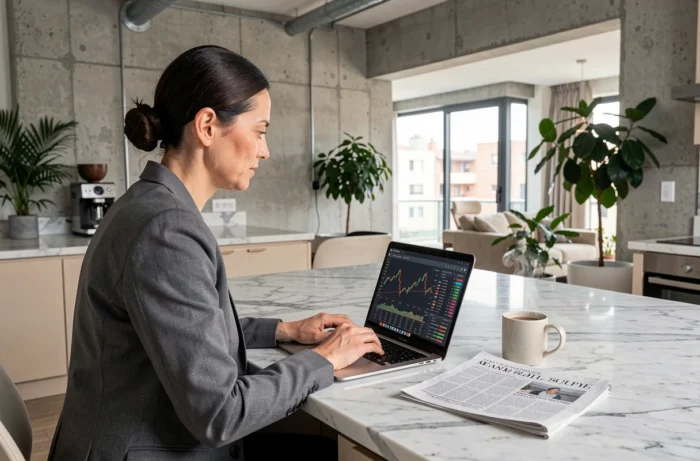 Femme investisseuse consultant son portefeuille boursier sur un ordinateur portable depuis son appartement moderne